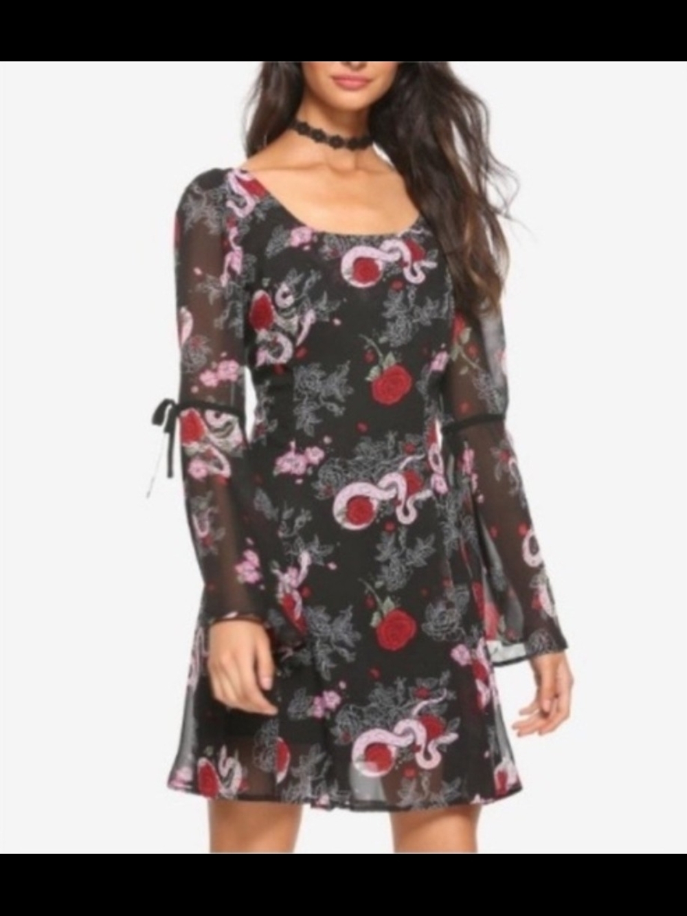 Floral Mesh Long-Sleeve A-Line Dress - Black with Red & Pink